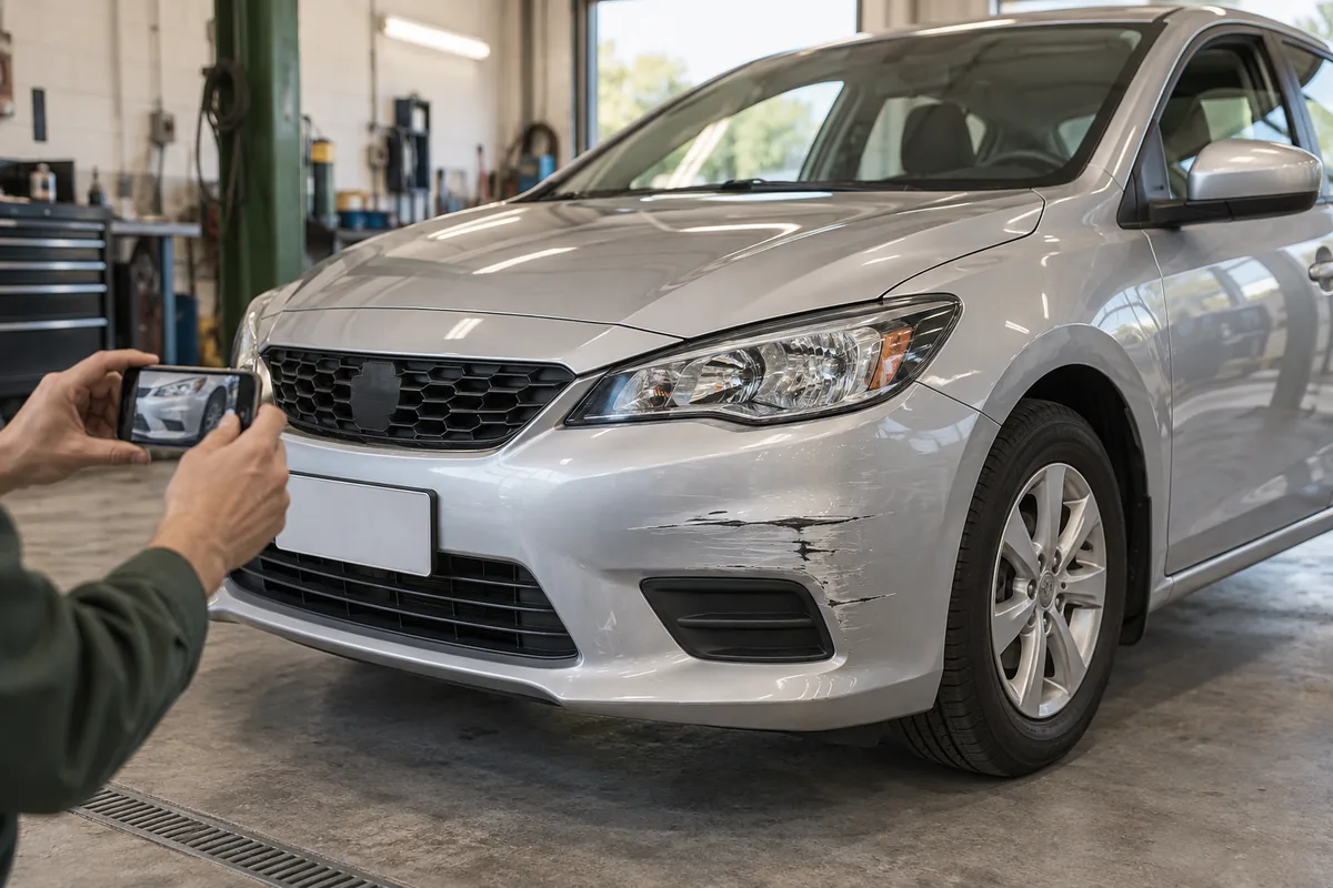Illustrative front view of a silver car being photographed at an inspection bay; the rear bumper is outside the frame