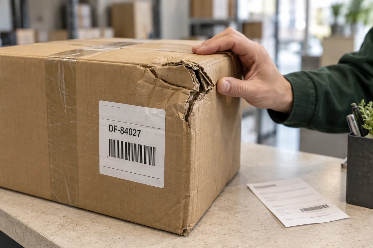 Illustrative parcel with a crushed upper corner and a shipping label on a receiving counter