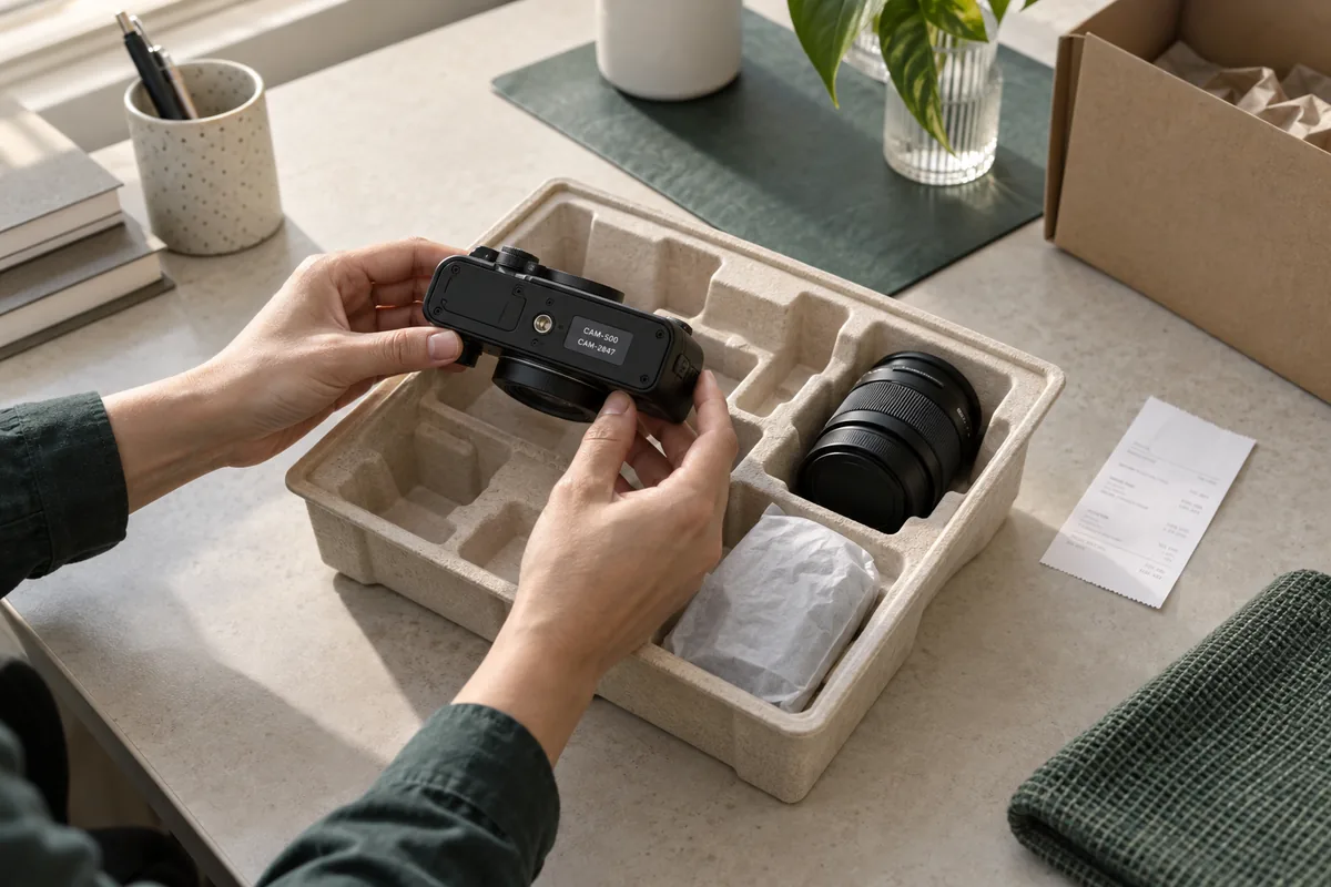 Illustrative returned camera in an open tray, with its underside label being inspected
