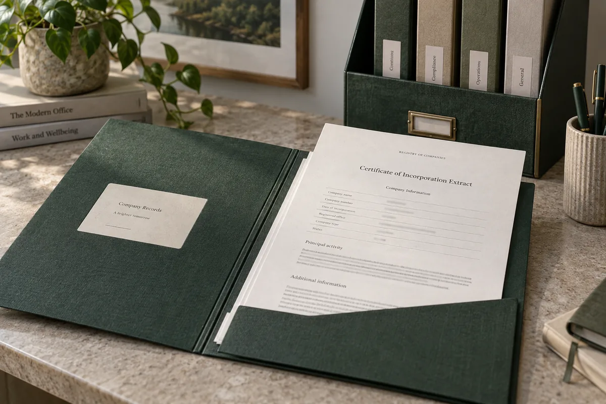 An open company archive folder with a registration document in an office