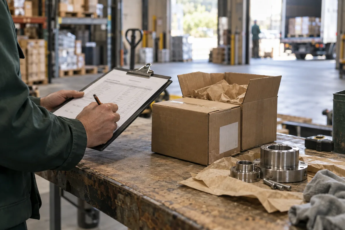 A delivery record being checked beside cartons and metal components in a warehouse