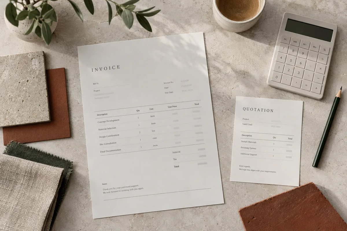 An itemised invoice, a quotation and a calculator on a design studio desk