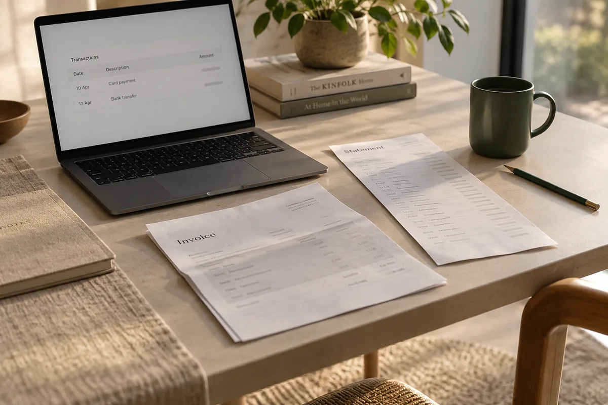 A laptop transaction table with a bank statement and an invoice on a finance desk