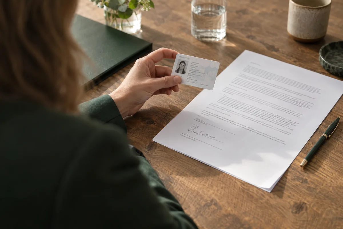 A sample identity card being compared with a contract at a meeting table